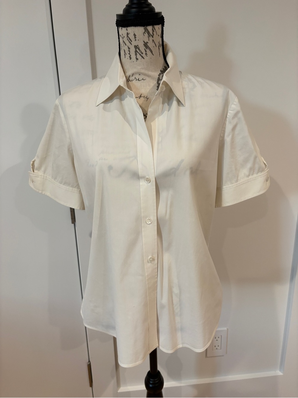 Theory Women's White Short Sleeve Button-Down Blouse Cotton Stretch Size XL